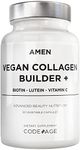 Amen Plant-Based Vegan Collagen Builder Supplement - Organic Whole Foods, Lutein, Vitamin C, Biotin, Lysine, Proline Collagen Boosters - Organic Cranberry, Lemon, Strawberry - Once A Day - 30 Tablets