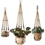 Mkouo Set of 3 Macrame Hanging Baskets Plant Hanger Indoor Plant Basket Hanging Flower Pot Holder Jute Rope with Beads without Tassels Jute Rope 58 cm / 73 cm / 89 cm