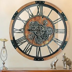 TOPPTIK 36 Inch Moving Gear Wall Clock, Oversized Wall Clocks, Clock Living Room Decor, Solid Wood Frame, Battery Operated, Large Wall Clock with Steampunk Industrial for Fireplace(Brown)