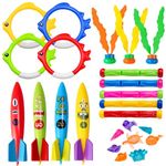 24Pcs Pool Diving Toys Set,Underwater Diving Toys Swimming Pool Toys Set Water Toy with Diving Torpedoes Dive Sticks Toys Bandits Diving Seagrass Marine Gem Diving Games Underwater Pool Rings for Kids