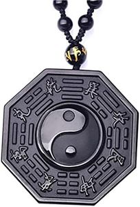 Kagodri Collar con colgante de obsidiana negra Yin Yang para hombre y mujer, amuleto retro Feng Shui