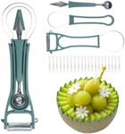 JIUQQI 6-in-1 Melon Baller Scoop Set - Versatile Fruit Carving Kit with Stainless Steel Ballers, Scoopers, and Slicers, Ideal for Watermelon, Avocado, and More - Comes with 100 Transparent Forks