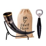 Divit Genuine Viking Drinking Horn with Iron Stand | Authentic Medieval Beer Drinking Horn | Brass Adornments & Burlap Gift Sack Included | 16 oz Capacity (Swirl Horn & Swirl Horn Opener)