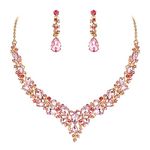 Ever Faith Wedding Bridal Crystal Teardrop Cluster Statement Necklace Dangle Earrings Jewellery Set for Women Pink Gold-Tone