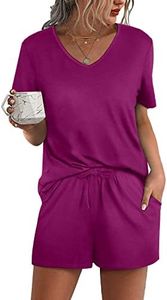 Aloodor Lounge Set for Women Summer Casual 2 Piece Outfits Short Set Pajamas Rose Red S