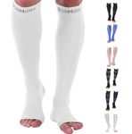 Doc Miller Open Toe Compression Socks, 30-40 mmHg, Toeless, Support Circulation, Shin Splints, Calf Recovery, Varicose Veins, Knee High, Medical Grade, White Socks, Small Size for Men & Women, Pair