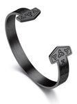 Bandmax Mens Black Metal Wristband Viking Thor Hammer Open Cuff Bangle Bracelet Adjustable Nordic Viking Runes Protection Amulet Jewelry for Men