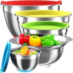 Mixing Bowls with Airtight Lids Set, 4 Stainless Steel Bowls Nesting Bowls & Colander, Kitchen Organizers and Storage Non-Slip Bottom, Size 1.5/2.0/2.5/4.0QT, Great for Mixing & Serving, Multicolor