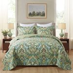 NEWLAKE Cotton Bedspread Quilt Sets-Reversible Patchwork Coverlet Set, European Green Floral Pattern, King Size