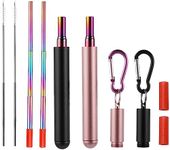 Chargenyang 2 Pack Telescopic Reusable Straw, Collapsible Stainless Steel Straws, Portable Metal Drinking Straws with Aluminum Key-Ring Case & Cleaning Brush for Travel,Home,Work.(Black and Rose Gold)