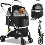 Foldable Pet Stroller - 3 in 1 Dog and Cat Pushchair with Storage Basket Net Window Cup Holder - 360° Wear-Resistant Rubber Wheels Travel Carrier for Small Pets (Silver Black)