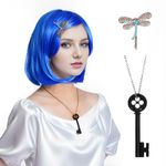 3pcs/set Blue Costume Wig Bob Wig with Dragonfly Hairpin and Key Necklace for Halloween Carnival Cosplay Party