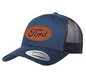 Ford Oval Script Logo Laser Engraved Leather Patch Yupoong 6606 Snapback Trucker Fitted Cap, Navy, One Size