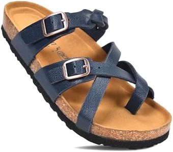 AEROTHOTIC Womens Strappy Slip-On Modern Memory Foam Cushion Footbed Outdoor Adjustable Buckle Cork Footbed Slides for Sandals with Comfortable Arch Support (Irenic Navy, Size 11)