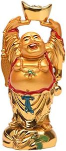 Resin Feng Shui Golden Laughing Buddha Holding Ingot Statue Wealth Luck Home Office Decor Collectible Gift 4.7'' TQZDBS014