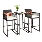 Aura Outdoor 3 Piece Patio Bar Set, Bar Height Bistro Table Set for 2 People, High Top Wicker Bar Stools and Table Outdoor Bar Set with Cushions and Pillows - Rattan, Steel