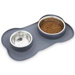 pecute Dog Bowls Non Slip, Stainless Steel Double Bowls Set with Non-Spill Silicone Mats Tray for Medium Large Dogs Water & Food Feeding Dishes(26 + 52 Ounce, Grey)