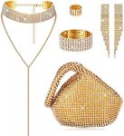 Kakonia 6 Pieces Women Crystal Jewelry Set Rhinestone Choker Necklace Stretch Bangle Bracelet Ring Dangle Fringe Earrings Triangle Glitter Bling Purse for Bridal Wedding Party(Gold)
