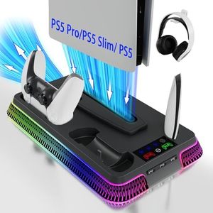 PS5 Cooling Station, PS5/Slim/Pro Stand with Dual Charging Station for PlayStation 5, PS5 Accessories Kits, Vertical Stand with 3 Levels Cooling Fan, Headset Holder for PlayStation5 Digital/Disc