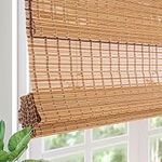 Comzone Blinds Cordless Blackout Bamboo Roman Shades, Natural Woven Wood Blinds with 6 Inches High Valance, Custom Great Privacy Lined Roll Up Bamboo Blinds for Indoor Windows, Doors, Camel