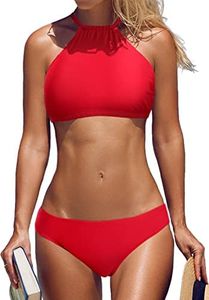 beautyin Women Cross Back High Neck Mid Rise Bikini Set Bathing Suit Two Piece Red