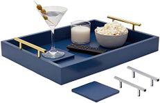 Blue Serving Tray for Coffee Table, 16x12 with Coasters, Decorative Interchangeable Gold and Silver Handles