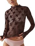 Ugerlov Women's Long Sleeve Mesh Top Mock Neck Sheer Blouse See Through Floral Lace Tops, Black, Medium