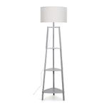 MiniSun Grey Wooden 3 Tier Floor Standard Lamp with Storage Shelves Bedroom Living Room Lounge Light - Grey Shade + LED Bulb