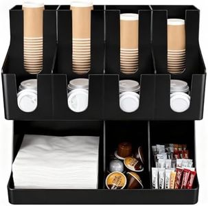 WELKOR Commercial Cup and Lid Holder with Straw Organizer,Disposable Coffee Cup Condiment Dispenser for Countertop Org, Coffee Bar, Beverage Cup, Kitchen, Breakroom (11 Compartment Upright)
