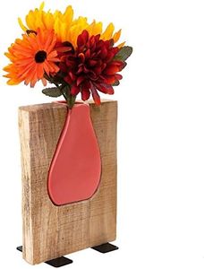 EXCELLO GLOBAL PRODUCTS Matte Pink Glass and Wood Vase - Rustic Flower Vase Decorative Centerpieces for Dining Room Table Coffee Tables Vintage Farmhouse Decor (Short - 8" x 6")
