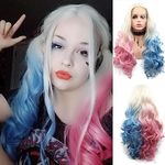 Xiweiya Platinum Blonde White Roots to Haly Baby Pink Half Blue Hair Long Curly Wave Synthetic Lace Front Wig Heat Resistant Fiber For Women Rosie Whiteley Hairstyle Girls 24 inch