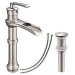 Bathlavish Bathroom Vessel Sink Faucet Tall Waterfall Brushed Nickel Single Handle Satin With Pop Up Drain Mixer Tap One Hole Without Overflow Bowl Supply Line Lead-Free