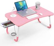 Laptop Bed Table with USB Port, Elekin Portable Bed Tray, Lap Desk with Drawer/Cup Holder for Eating, Writing, Reading, Working on Bed/Couch/Sofa with Little Present (Small Lamp, Small Fan)-Pink