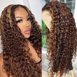 4/27 Highlight Ombre Lace Front Wigs Human Hair Deep Wave 20 Inch 13x4 Curly Lace Frontal Closure Wigs for Woman Human Hair Glueless Pre Plucked with Baby Hair Brazilian Human Hair Wig 150% Density