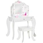 Qaba Kids Vanity Table and Stool, Makeup Vanity Girls Dressing Table Set with Tri-Folding Mirrors Drawer Star and Heart Pattern, White