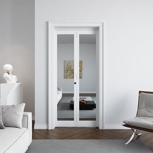 Lioncode Bifold Closet Door for 48"x80" Opening(Double 24"x78"), Solid Wood Core with MDF, PVC Surface, Include Door and Hardware Kit, Mirrored Panel Interior Door fit for Closet, Bedroom, Home office