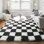 KICMOR 5x8 Area Rug for Living Room, Black and White Fluffy Shag Fuzzy Plush Soft Checkered Rugs for Bedroom, Big Large Shaggy Rug Floor Carpets for Kids Teen Dorm Home Decor Aesthetic, Boys Room