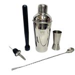 Dynore Stainless Steel 5 Pcs Professional Bar Set- Cocktail Shaker, Tall Peg Measure, Teardrop Bar Spoon, Wine Pourer, PVC Muddler Black