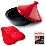 Uno Casa Cast Iron Tagine Pot Moroccan for Cooking - 3.65 Quart Tajine Pot Moroccan with Enameled Cast Iron Base and Ceramic Lid - Tangine Pot Red Double Oven Mitts Included