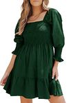 Jaysreate Women's Layered Babydoll Dress Ruffle Summer Casual Square Neck Three Quarter Sleeve Semi Formal Smocked Dress Green