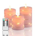 Fanzri Flameless Candles, Battery Candles with String Light. Battery Powered LED Candles. Flashing Candles with Remote Control and Timer. for Seasonal and Festive Celebrations, Set 3 Pink Candles