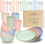 KAHEIGN 28Pcs Plastic Dinnerware Sets, 4 Sets Unbreakable Lightweight Plates, Cups, Bowls and Cutlery, Eco Friendly & Reusable Microwave & Dishwasher Safe Dish Bowl for Kids or Picnics