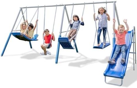 Sportspower Super Surfer Metal Swing Set with 6ft Slide, Skyflyer Swing, Surfboard Swing, Standing Swing, and Classic Sling Swing, - Grey/Blue (MSC-5456)