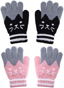 2 Pairs Kids Winter Gloves Full Finger Knitted Gloves Warm Stretchy Mittens for Boys Girls Supplies, Black,grey,pink, 14.5 x 8.7 cm/ 5.7 x 3.4 inches (LW)