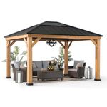 Sunjoy Hardtop Gazebo 11 x 13 ft. Standard Cedar Framed Wood Gazebos with Black Steel and Polycarbonate Hip Roof Hardtop for Garden, Backyard Shade, Black Roof + Natural Wood Frame