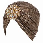 Women's Ruffle Turban Hat Glitter Pleated Stretch Head Wraps Chemo Cap with Detachable Crystal Brooch, Brown, Medium