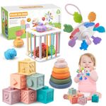 Plunack Montessori Toys for 6-12 Months Babies, 4 in 1 Pull String Teething Toys, Toddlers Stacking Building Blocks for Infant 3 7 8 9 10 11M+, Sensory Shape Sorter for 1+ Year Old Boys Girls Gifts