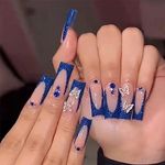 24pcs Long Coffin False Nails French Tip Glitter Blue Stick on Nails Press on Nails with Butterfly Removable Glue-on Nails Full Cover Fake Nails Women Girls Nail Art Accessories