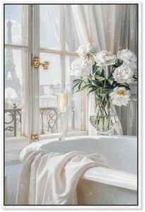 Art Remedy Ivory Bathroom in Paris Canvas Glam Bathroom Art, White Frame, 36" x 54"