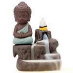 Incense Burner Smoke Waterfall Backflow Holder Ceramics Porcelain Buddha Little Monk Tower Cones Sticks Ash Catcher with 20 backflow Incense Cones (Green)